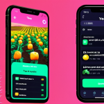 **Innovative DeFi Platform:** A futuristic, brightly lit interface showcasing staking and yield farming options. Users are easily navigating on their mobile devices with smiling faces. Neon colors and a focus on user-friendliness.