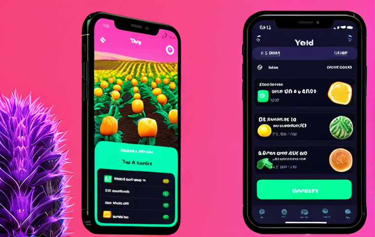 **Innovative DeFi Platform:** A futuristic, brightly lit interface showcasing staking and yield farming options. Users are easily navigating on their mobile devices with smiling faces. Neon colors and a focus on user-friendliness.