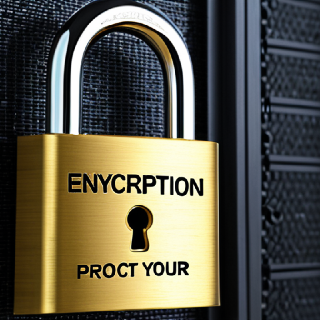 **Cybersecurity lock: A gleaming padlock securing digital data streams, with the words "Encryption: Protect Your Business" subtly integrated.**
