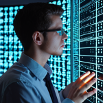 **Prompt:** High-tech cybersecurity expert in a modern office, surrounded by glowing code, analyzing a complex encryption algorithm on a holographic display. Emphasize focus and determination, reflecting the challenge of protecting data.