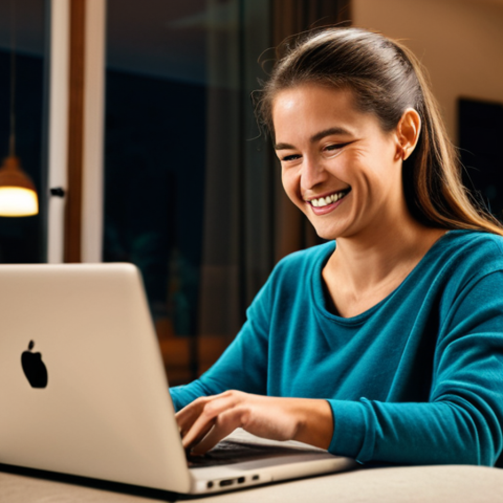 Secure Online Shopping**
"A woman smiles as she completes an online purchase on her laptop. The screen displays a prominent padlock icon. She is fully clothed in comfortable, casual attire. The background shows a cozy living room setting with warm lighting. Focus on the feeling of trust and security. safe for work, appropriate content, fully clothed, professional, perfect anatomy, natural proportions, high quality"
**
