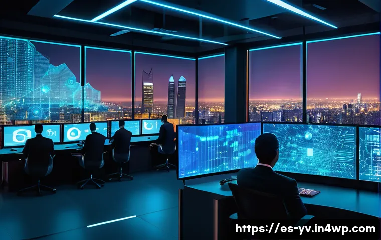 블록체인과 암호화 프로토콜의 시너지 효과 - A futuristic digital security control room in a Latin American city, showcasing diverse professional...