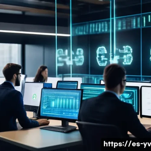 Home 33 사례 분석 암호화 프로토콜을 통한 기업 보안 강화 - A modern corporate office environment showcasing a diverse team of professionals collaborating aroun...