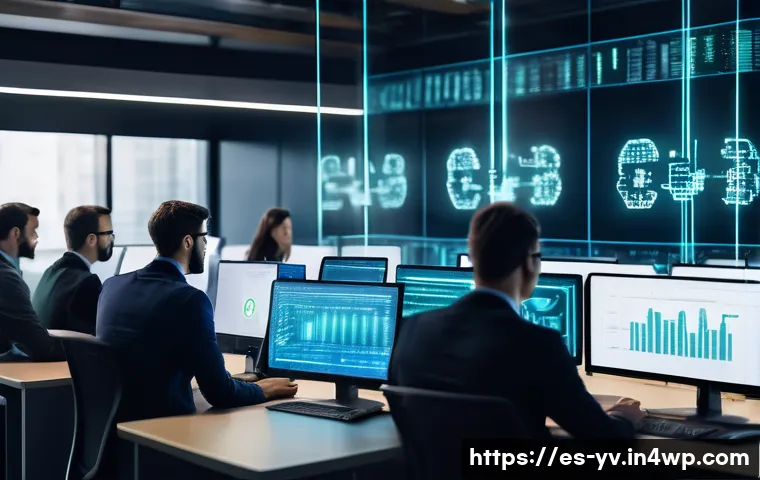 사례 분석 암호화 프로토콜을 통한 기업 보안 강화 - A modern corporate office environment showcasing a diverse team of professionals collaborating aroun...
