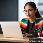 Home 20 암호화 프로토콜의 적용 범위 및 한계 - A modern digital workspace scene featuring a Hispanic woman in professional attire using a laptop wi...