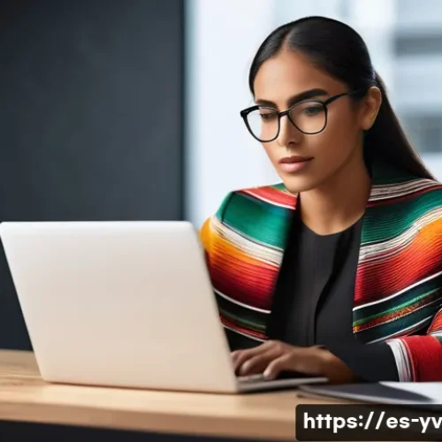 Home 32 암호화 프로토콜의 적용 범위 및 한계 - A modern digital workspace scene featuring a Hispanic woman in professional attire using a laptop wi...