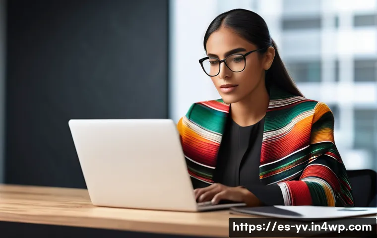 암호화 프로토콜의 적용 범위 및 한계 - A modern digital workspace scene featuring a Hispanic woman in professional attire using a laptop wi...
