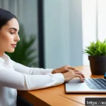 Home 23 암호화 프로토콜을 사용하는 안전한 파일 전송 방법 - A modern office setting with a professional woman of Hispanic descent sitting at a desk using a lapt...