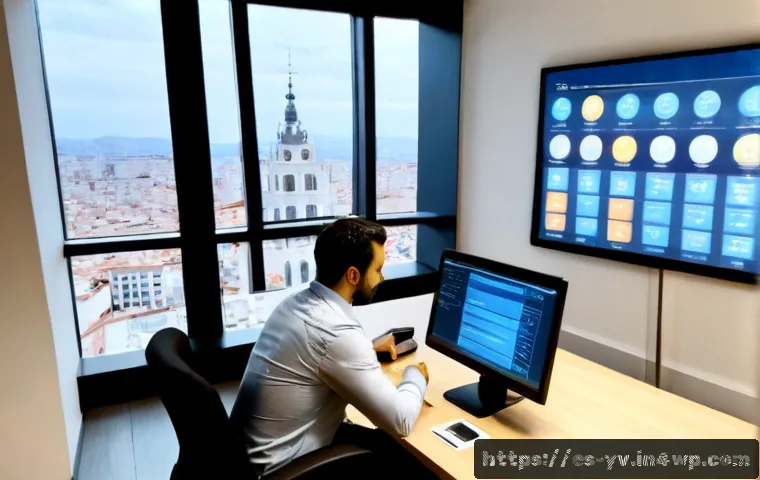 사례 연구  암호화 프로토콜과 금융 서비스의 발전 - Photorealistic financial technology case study scene in a modern Spanish bank office, a diverse team...